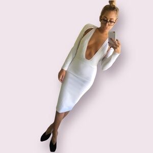 Deep V Sexy Classy Thick Bodycon Bandage Cutout Dress Long Sleeve White XS